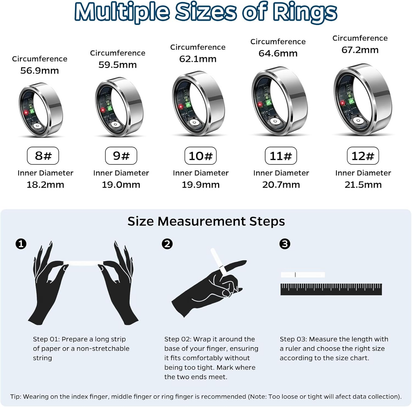 Sleep Tracker Ring with Heart Rate, Waterproof Fitness Ring for Activity Monitoring/Steps/Distance/Calories, Air Gestures, up to 7-Day Battery, for Ios Android (Silver,#12)