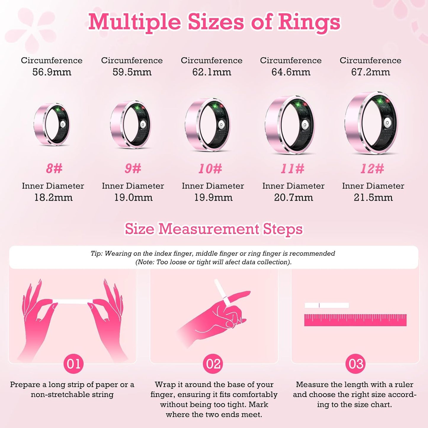 Smart Ring Health Tracker, Sleep Tracker Ring with Heart Rate, Waterproof Fitness Ring for Activity Monitoring/Steps/Distance/Calories,Air Gestures,Up to 7-Day Battery,For Ios Android (Light Pink,#10)
